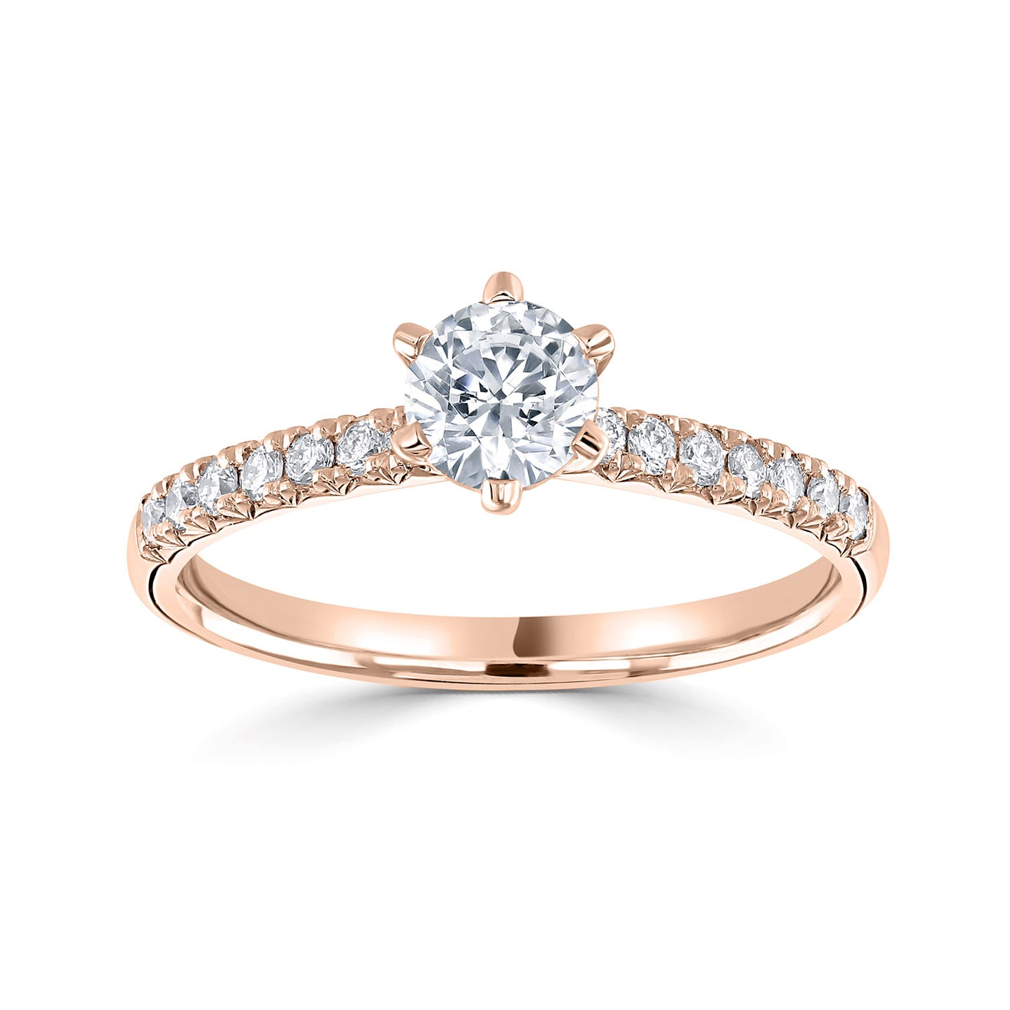 18ct Rose Gold Six Claw Diamond Ring With Diamond Shoulders