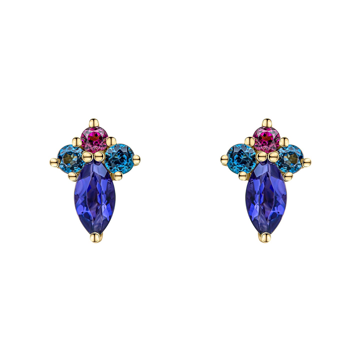 9ct Yellow Gold Iolite, Blue Topaz And Rhodolite Set Earrings