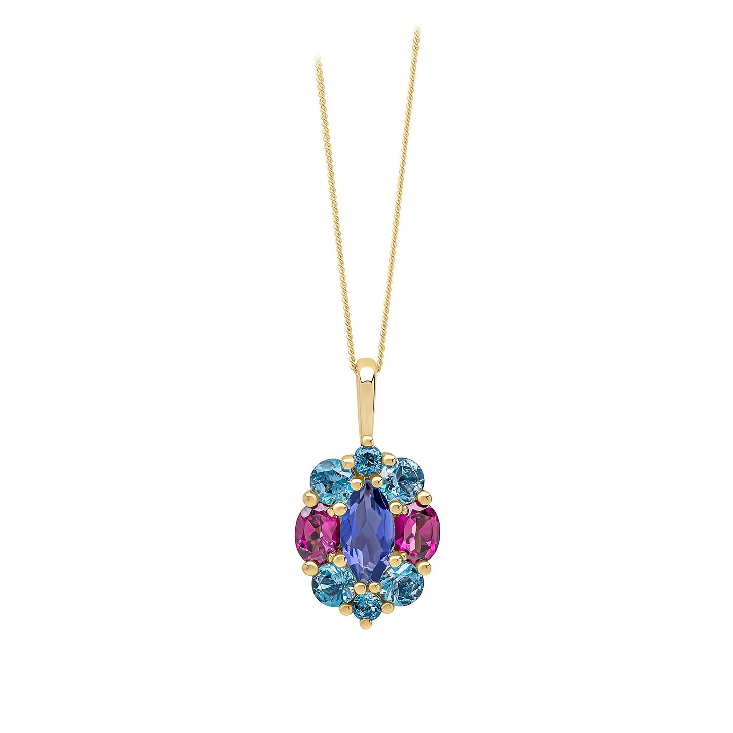 9ct Yellow Gold Iolite, Blue Topaz And Rhodolite Set Pendant