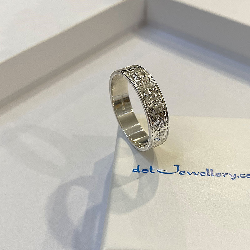 Engraved 14ct White Gold 6mm Flat Wedding Ring With Millgrain Edge