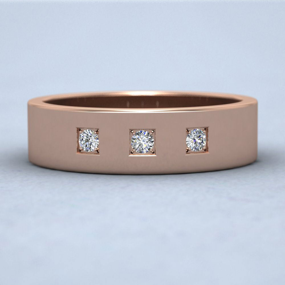 Three Diamonds With Square Setting 9ct Rose Gold 6mm Wedding Ring Down View