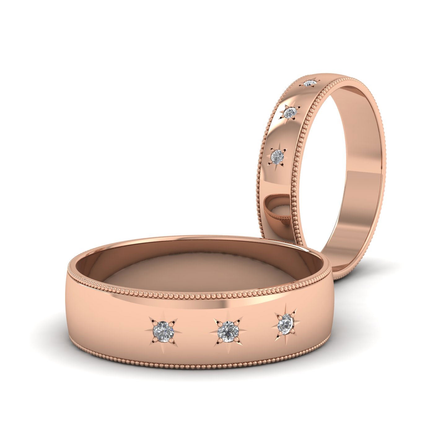 Millgrained Edge And Three Star Diamond Set 9ct Rose Gold 6mm Wedding Ring