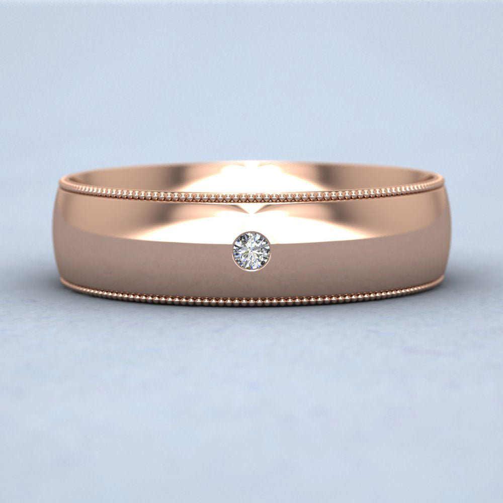 Single Flush Diamond Set And Millgrain Edge 9ct Rose Gold 6mm Wedding Ring Down View