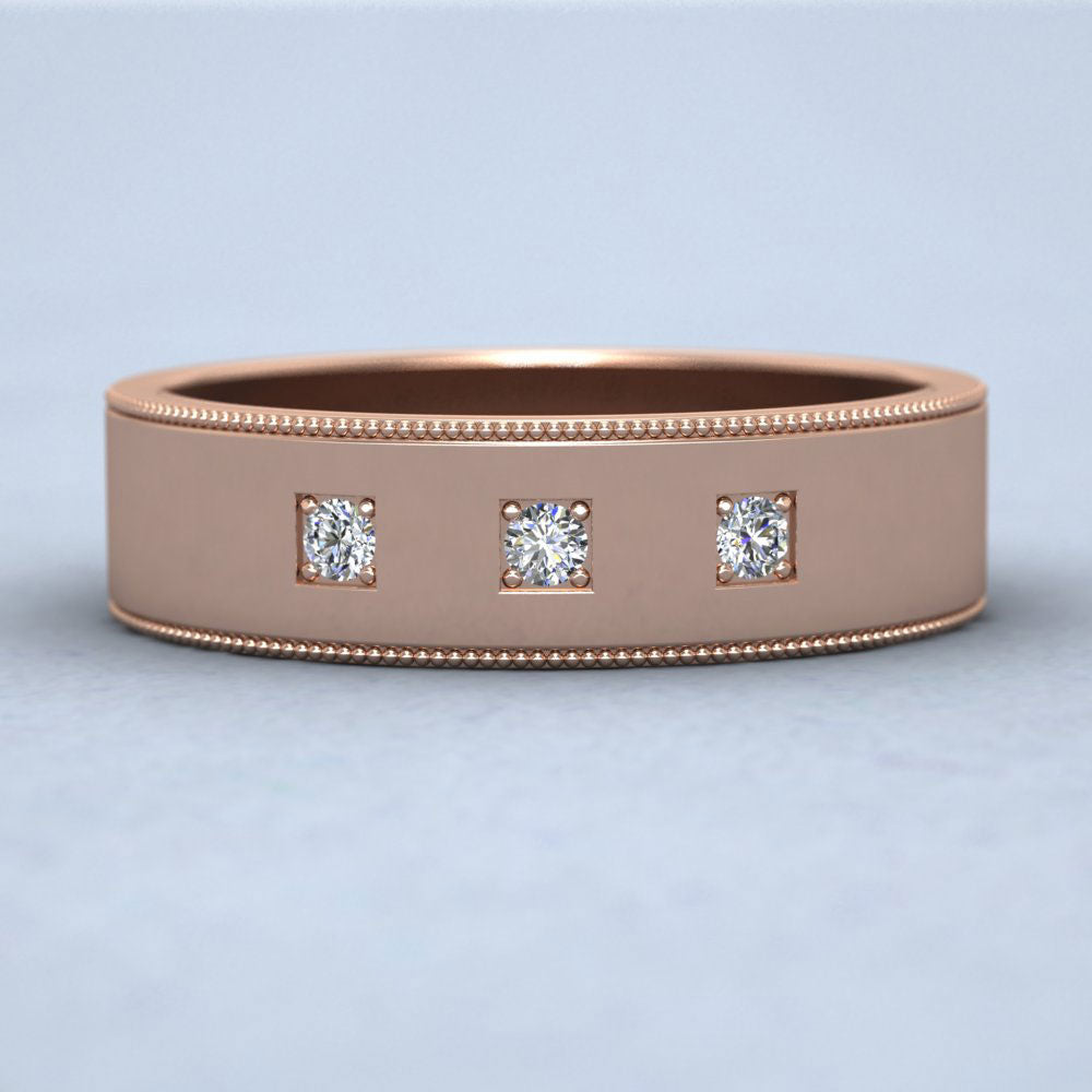 Three Diamonds With Square Setting 18ct Rose Gold 6mm Wedding Ring With Millgrain Edge Down View