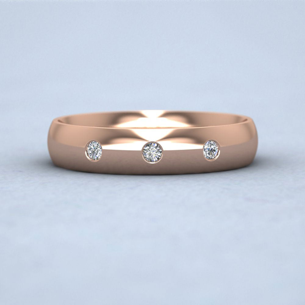 Three Diamond Flush Set 9ct Rose Gold 4mm Wedding Ring Down View