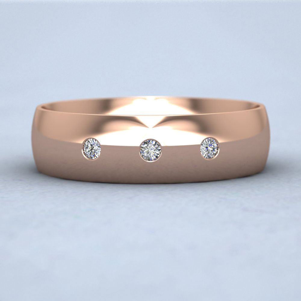 Three Diamond Flush Set 9ct Rose Gold 6mm Wedding Ring Down View