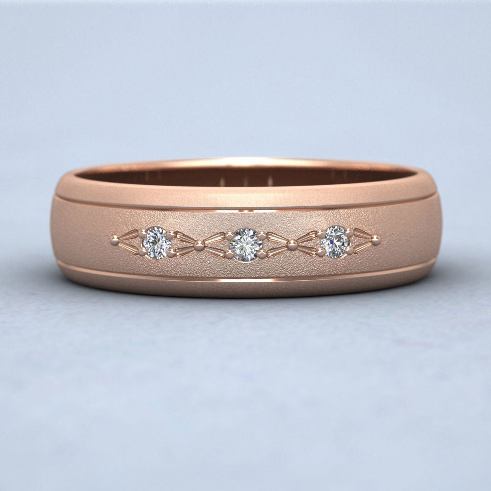 Three Diamond Set 9ct Rose Gold 6mm Wedding Ring With Lines Down View