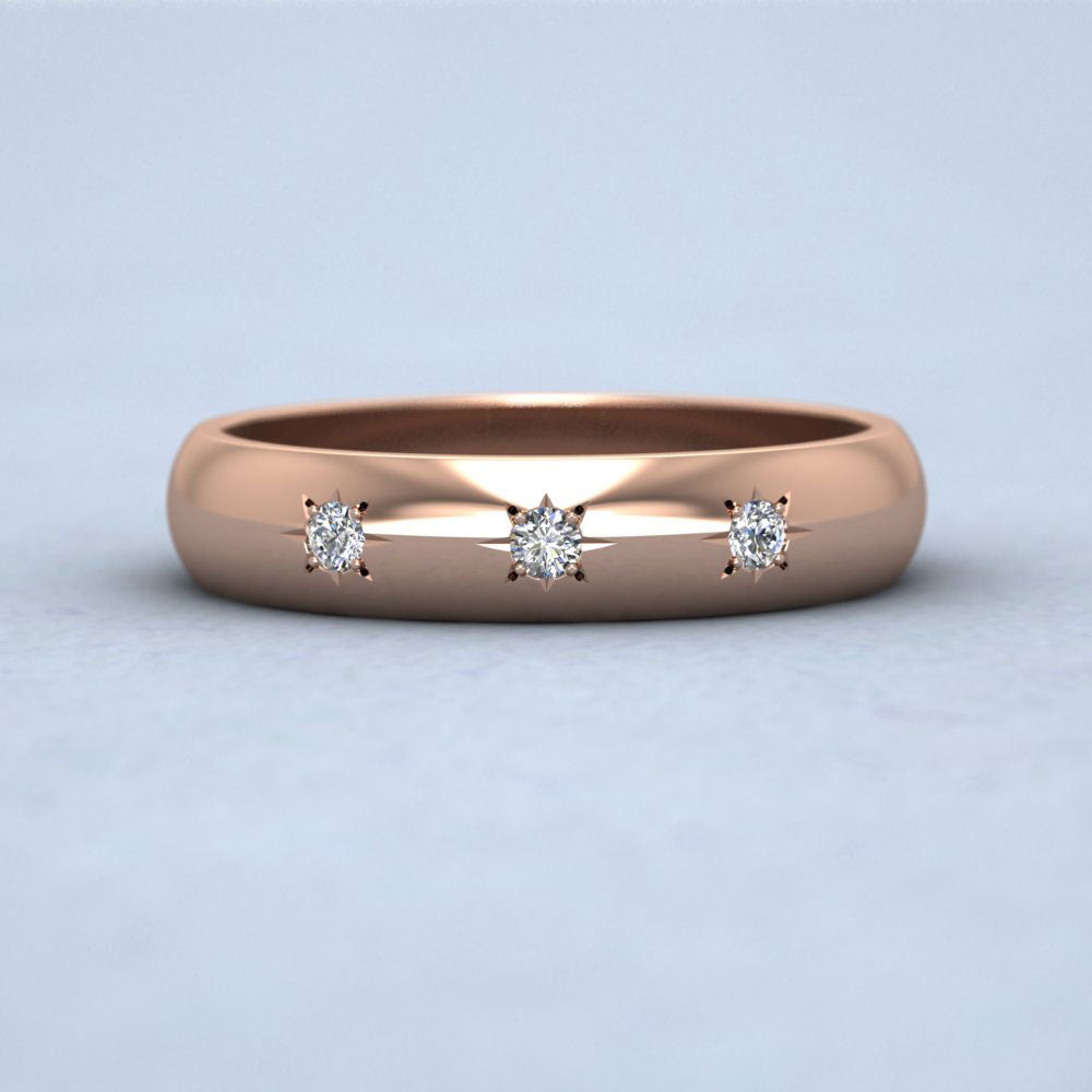 Three Star Diamond Set 9ct Rose Gold 4mm Wedding Ring Down View