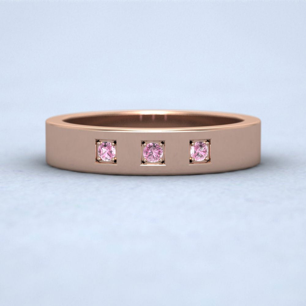 Three Pink Sapphires With Square Setting 9ct Rose Gold 4mm Wedding Ring Down View