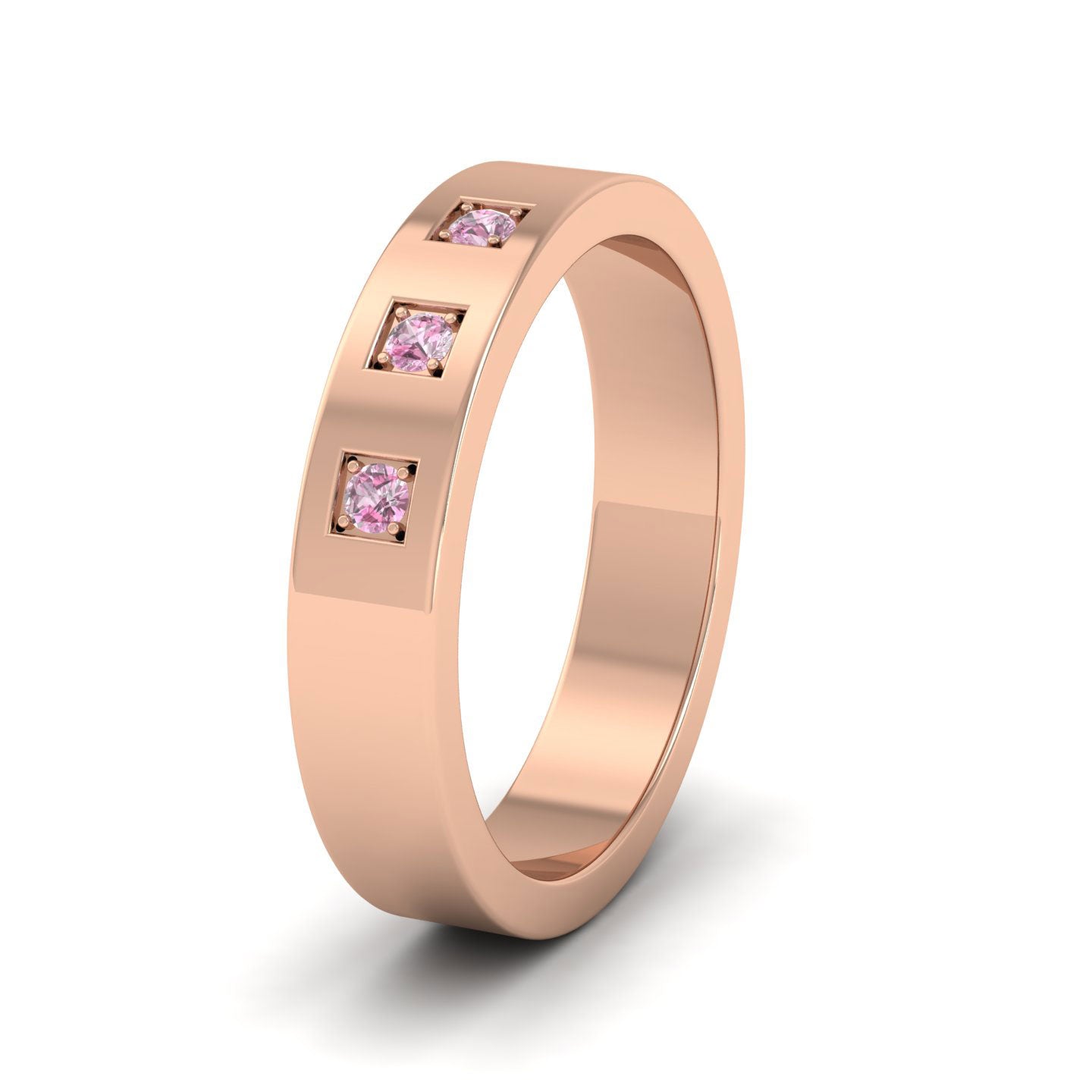 Three Pink Sapphires With Square Setting 9ct Rose Gold 4mm Wedding Ring