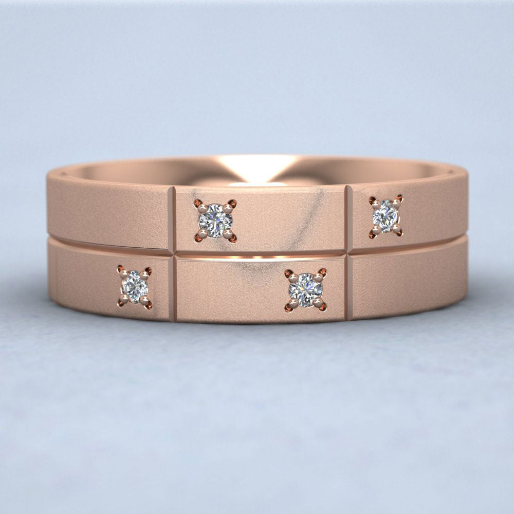 Cross Line Patterned And Diamond Set 9ct Rose Gold 7mm Flat Comfort Fit Wedding Ring Down View