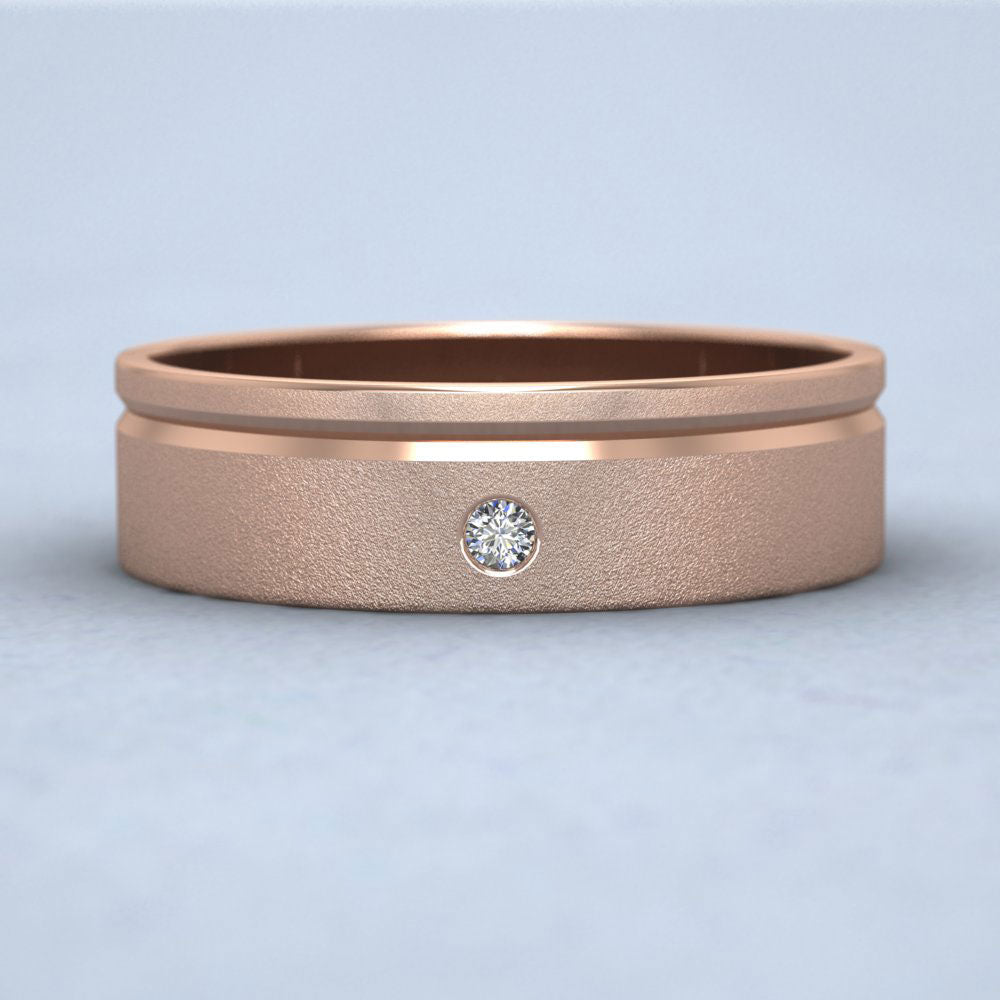 Diamond Set And Asymmetric Line Patterned 9ct Rose Gold 6mm Wedding Ring Down View