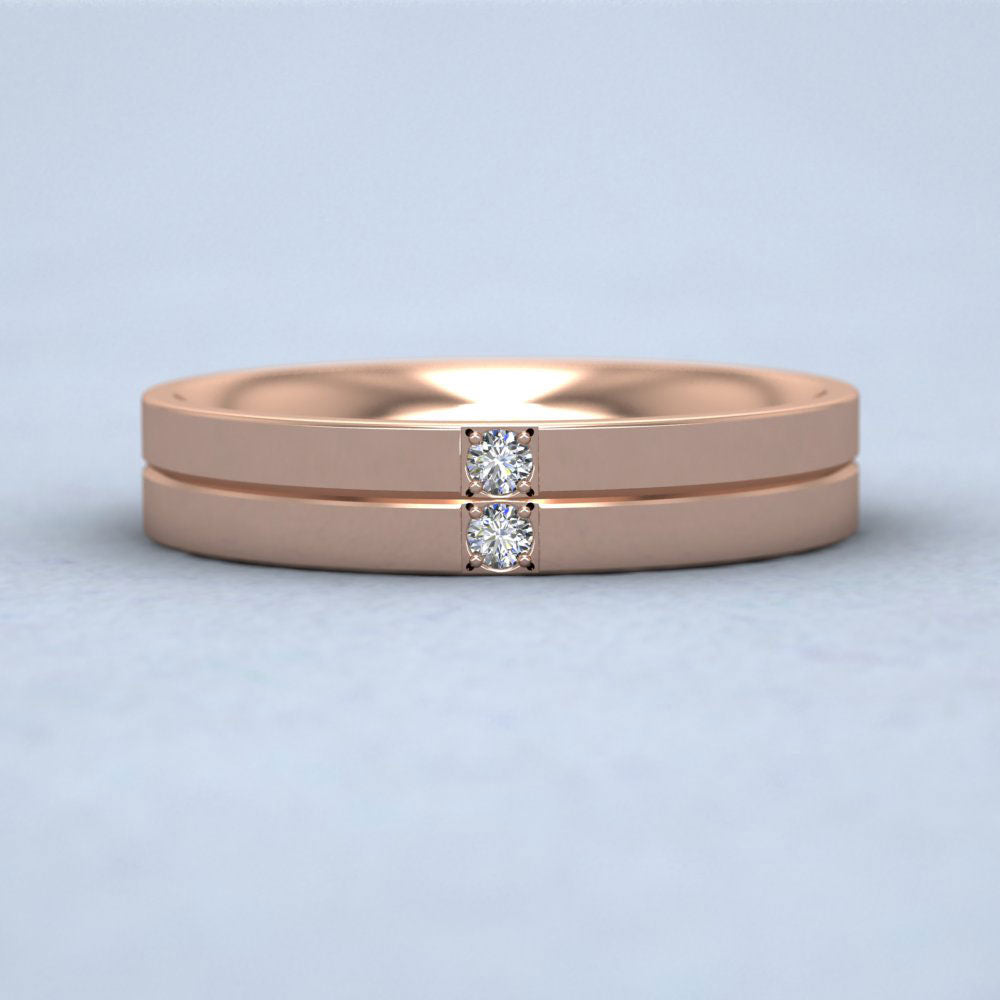 Two Diamond And Line Pattern 9ct Rose Gold 4mm Wedding Ring