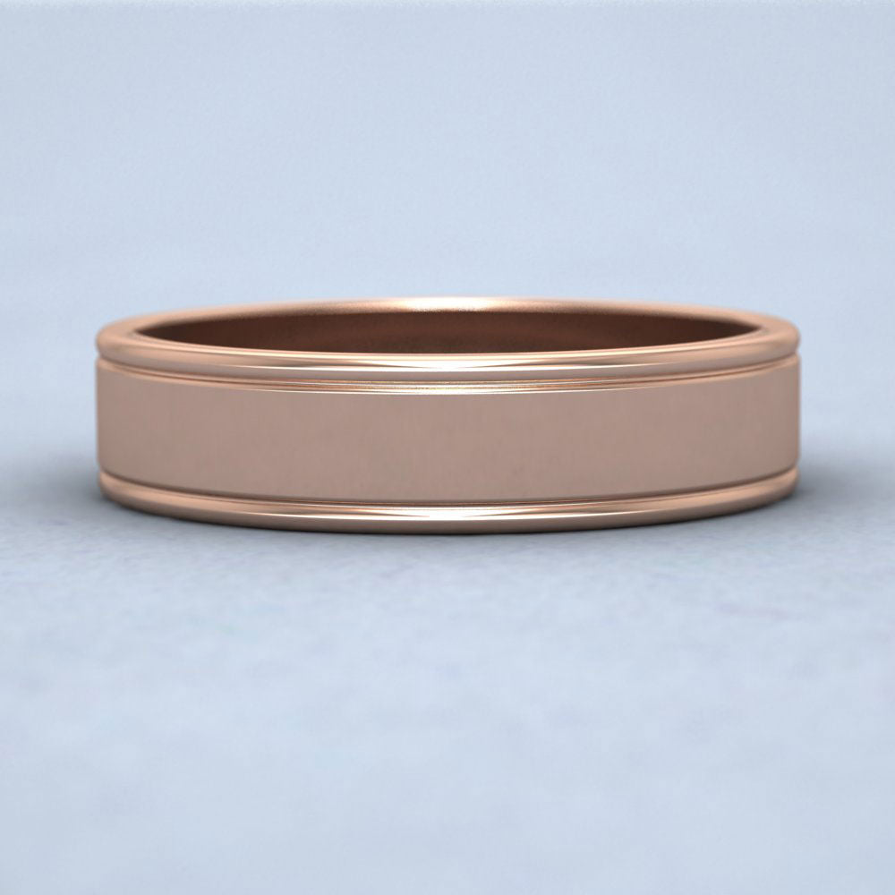 Rounded Edge Grooved Pattern Flat 9ct Rose Gold 5mm Flat Wedding Ring