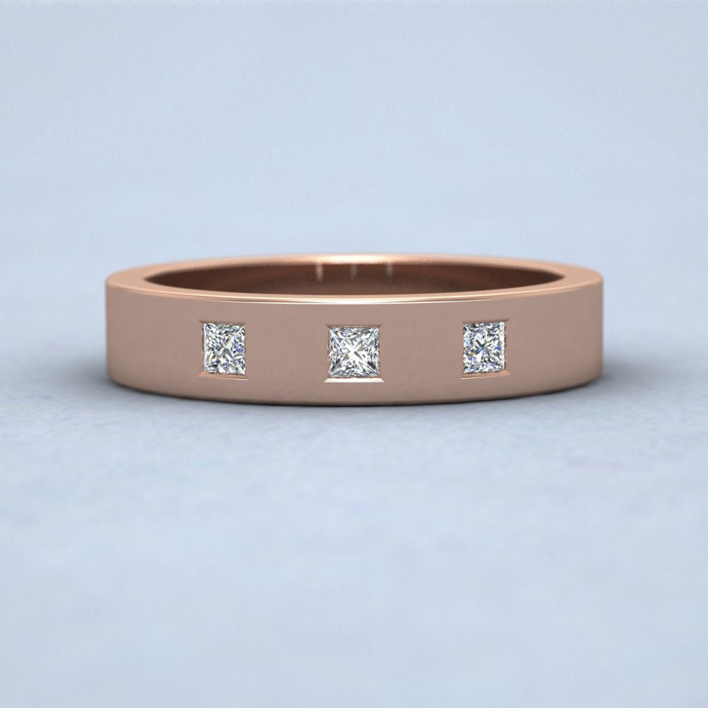 Three Stone Princess Cut Diamond Set 9ct Rose Gold 4mm Wedding Ring