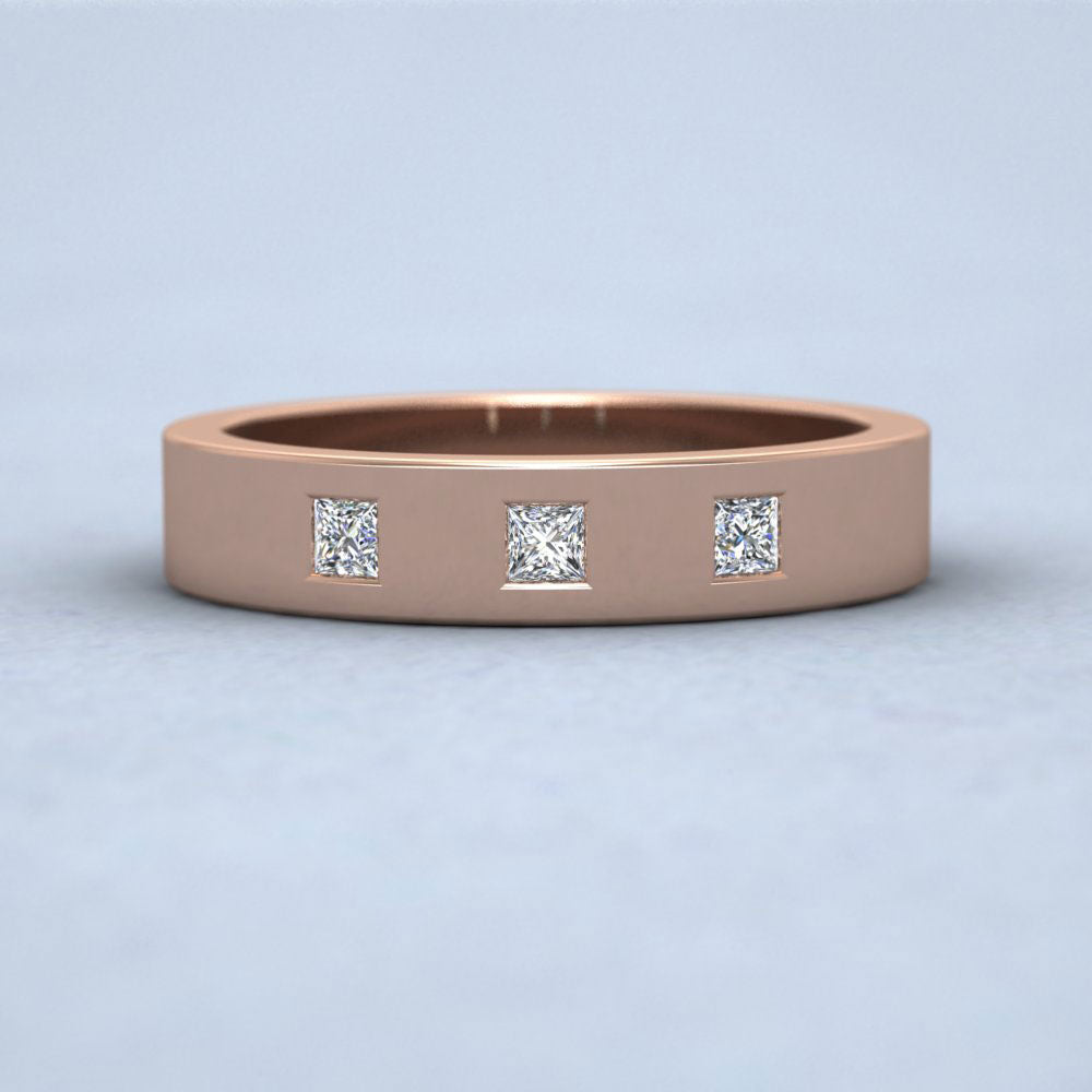 Three Stone Princess Cut Diamond Set 9ct Rose Gold 4mm Wedding Ring