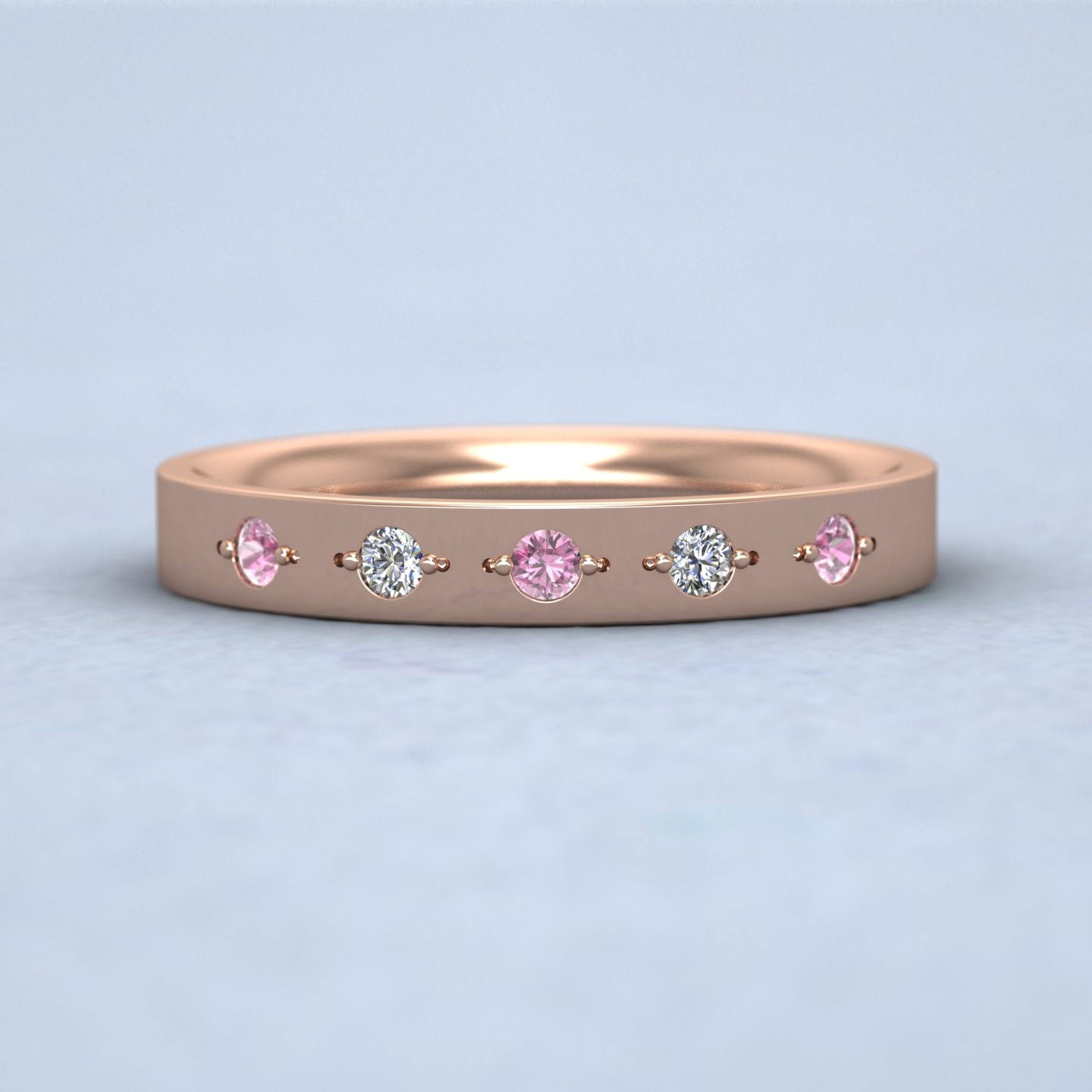 Diamond And Pink Sapphire Set 18ct Rose Gold 3mm Wedding Ring