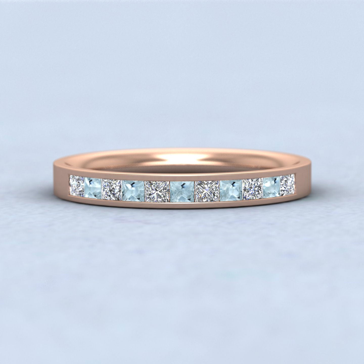Channel Set Diamond And Aquamarine 9ct Rose Gold 2.5mm Wedding Ring