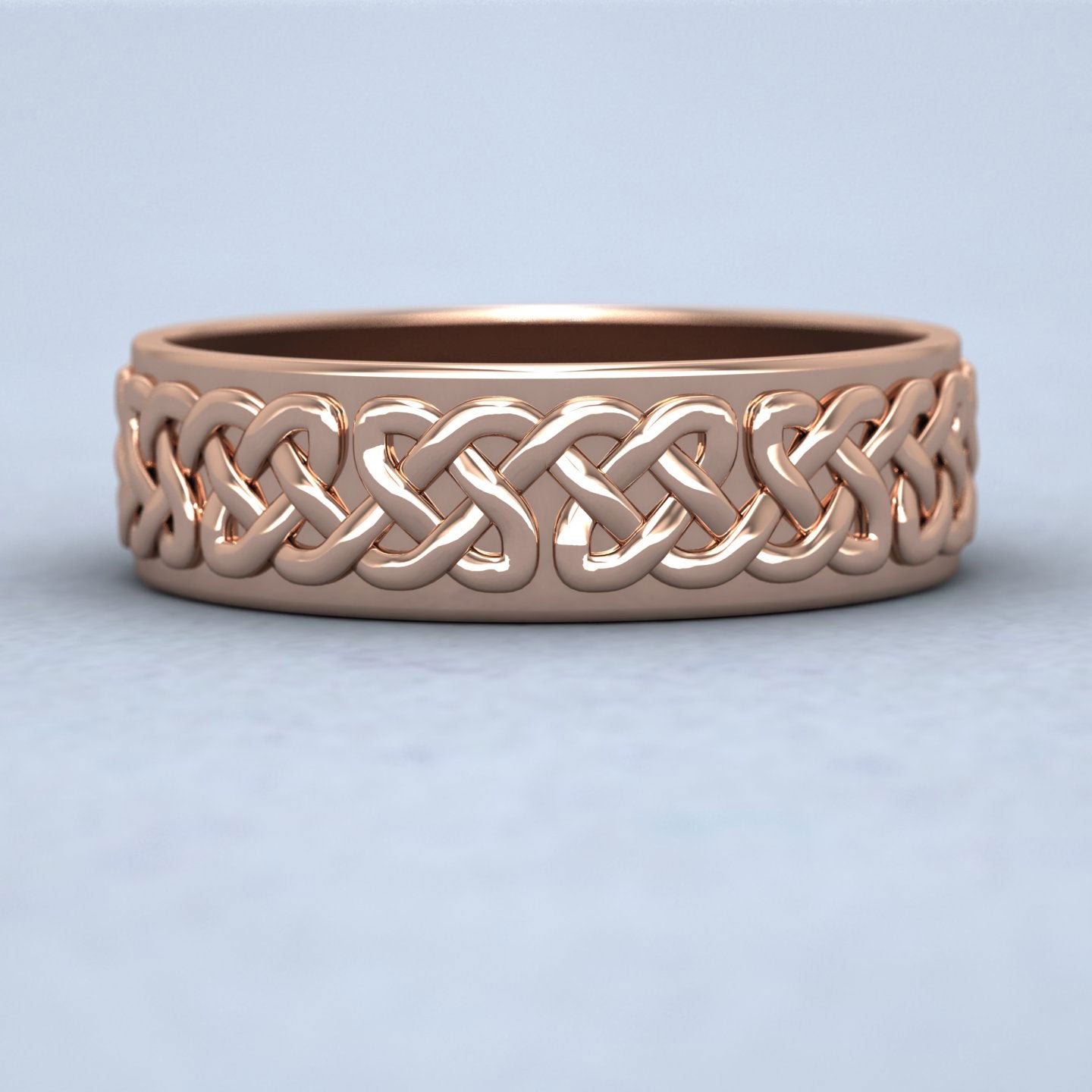 Celtic Patterned Flat 18ct Rose Gold 6mm Wedding Ring