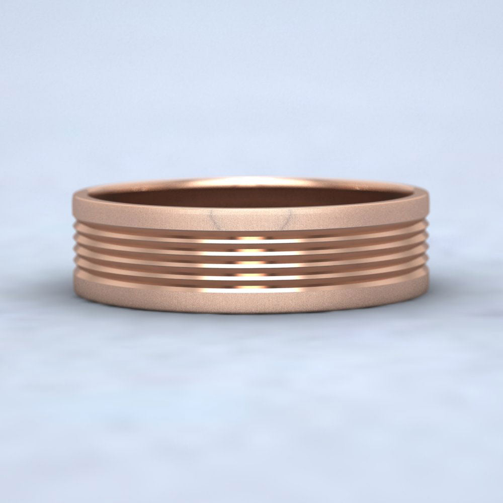 Grooved Pattern 9ct Rose Gold 6mm Flat Wedding Ring