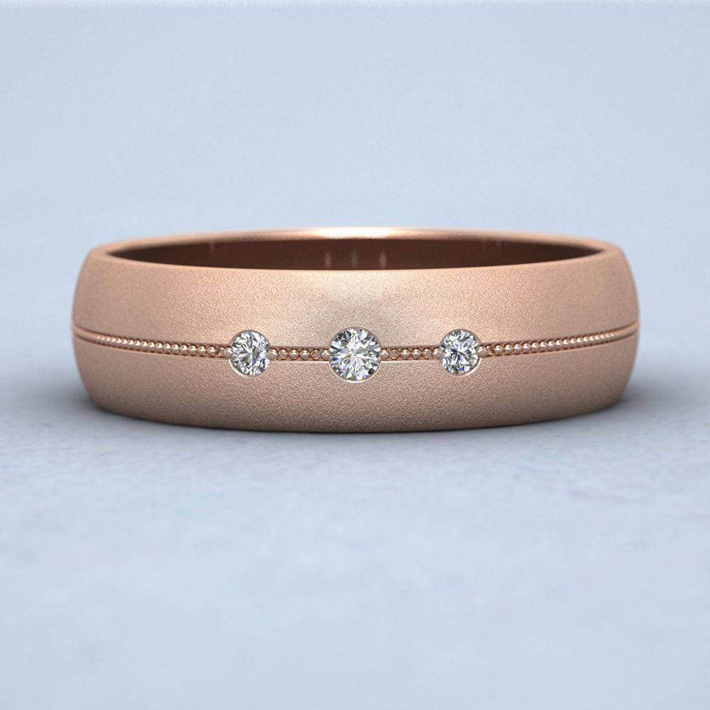 Three Diamond And Centre Millgrain Pattern 9ct Rose Gold 6mm Wedding Ring Down View
