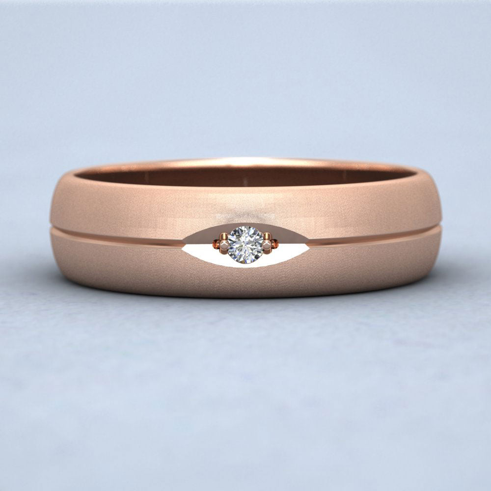 Diamond Set And Centre Line Pattern 9ct Rose Gold 6mm Wedding Ring Down View
