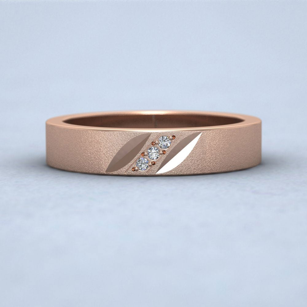 Diagonal Cut And Diamond Set 9ct Rose Gold 4mm Flat Wedding Ring Down View