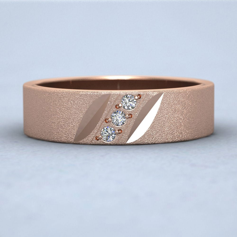 Diagonal Cut And Diamond Set 9ct Rose Gold 6mm Flat Wedding Ring Down View