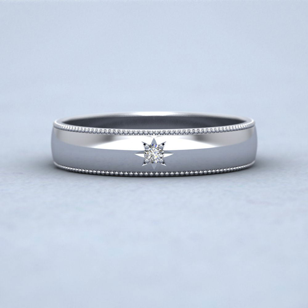Millgrained Edge And Single Star Diamond Set 14ct White Gold 4mm Wedding Ring Down View