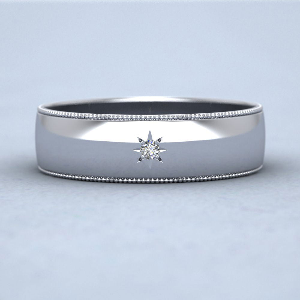 Millgrained Edge And Single Star Diamond Set 14ct White Gold 6mm Wedding Ring Down View