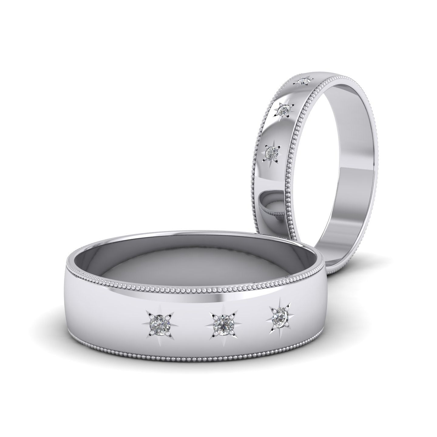 Millgrained Edge And Three Star Diamond Set 18ct White Gold 6mm Wedding Ring