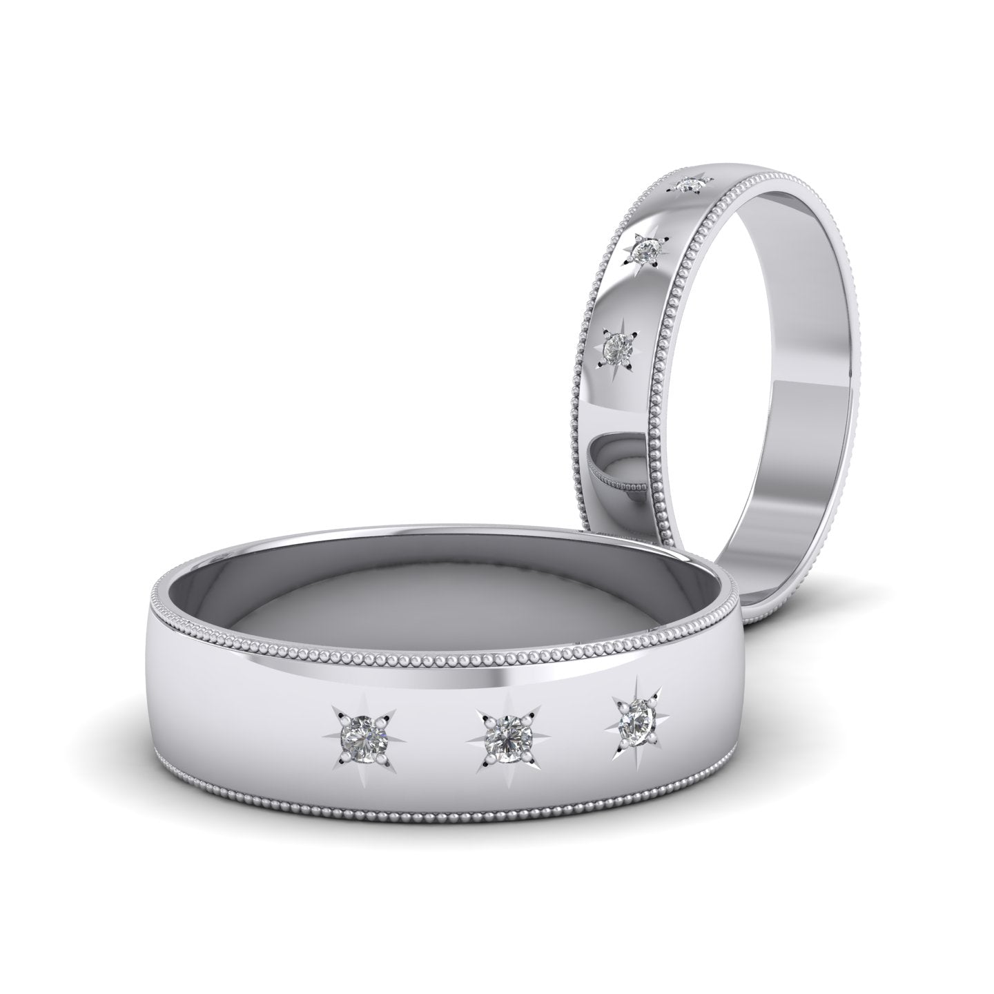 Millgrained Edge And Three Star Diamond Set 500 Palladium 4mm Wedding Ring