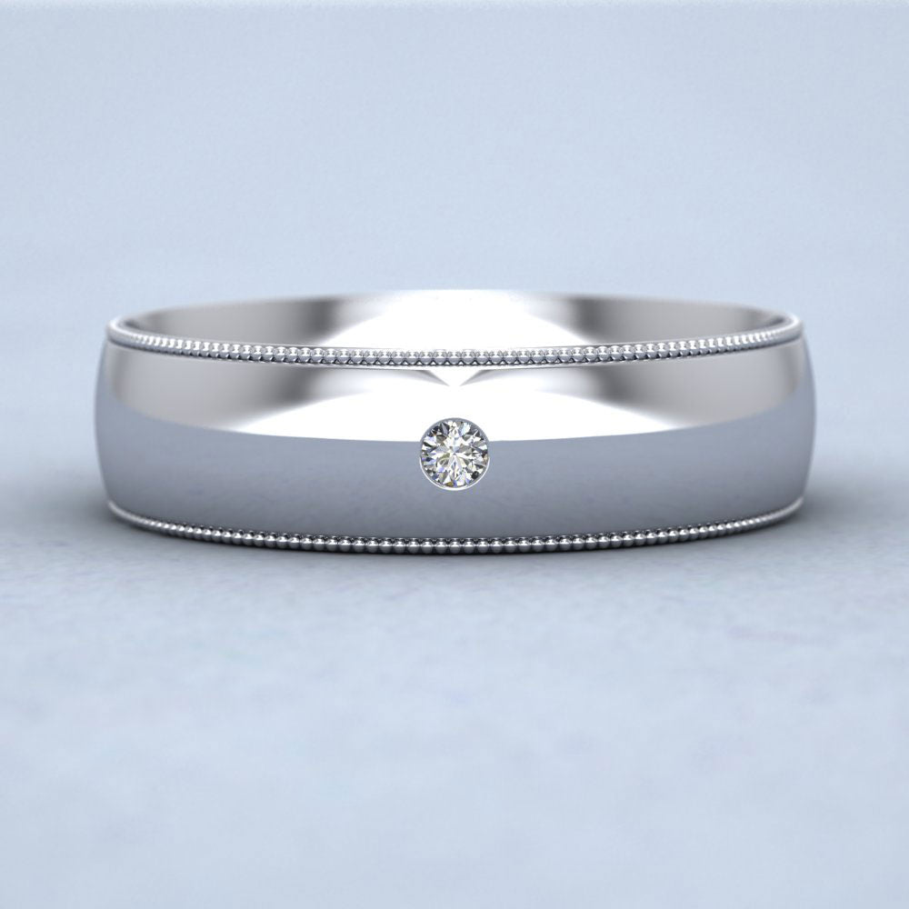 Single Flush Diamond Set And Millgrain Edge 9ct White Gold 6mm Wedding Ring Down View