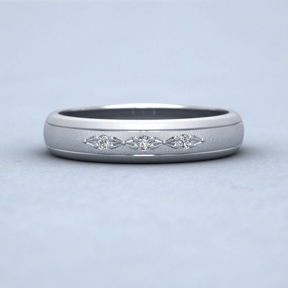 Three Diamond Set 950 Platinum 4mm Wedding Ring With Lines Down View