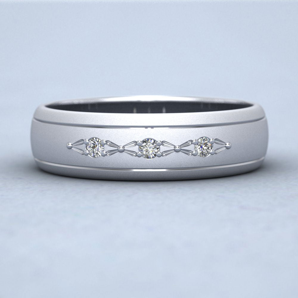 Three Diamond Set 9ct White Gold 6mm Wedding Ring With Lines Down View
