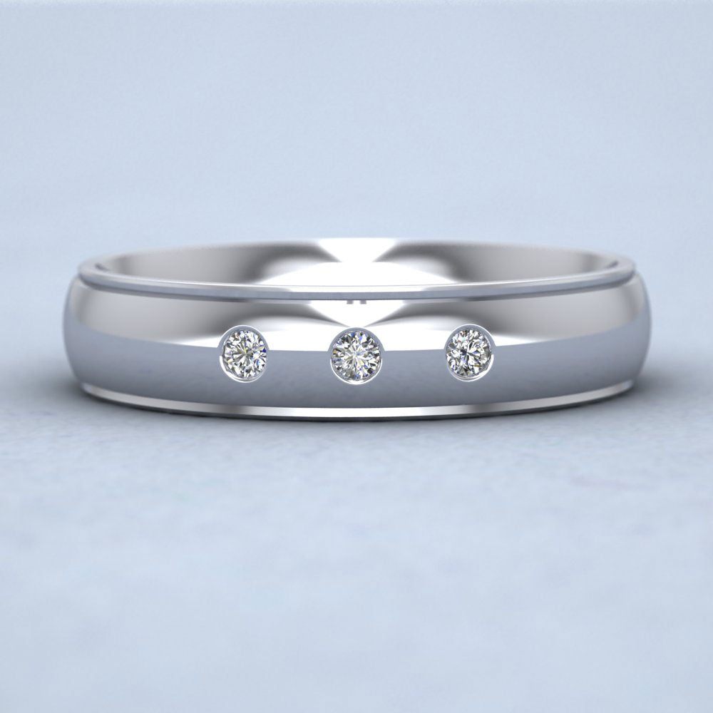 Line Pattern And Three Diamond Set 9ct White Gold 5mm Wedding Ring Down View