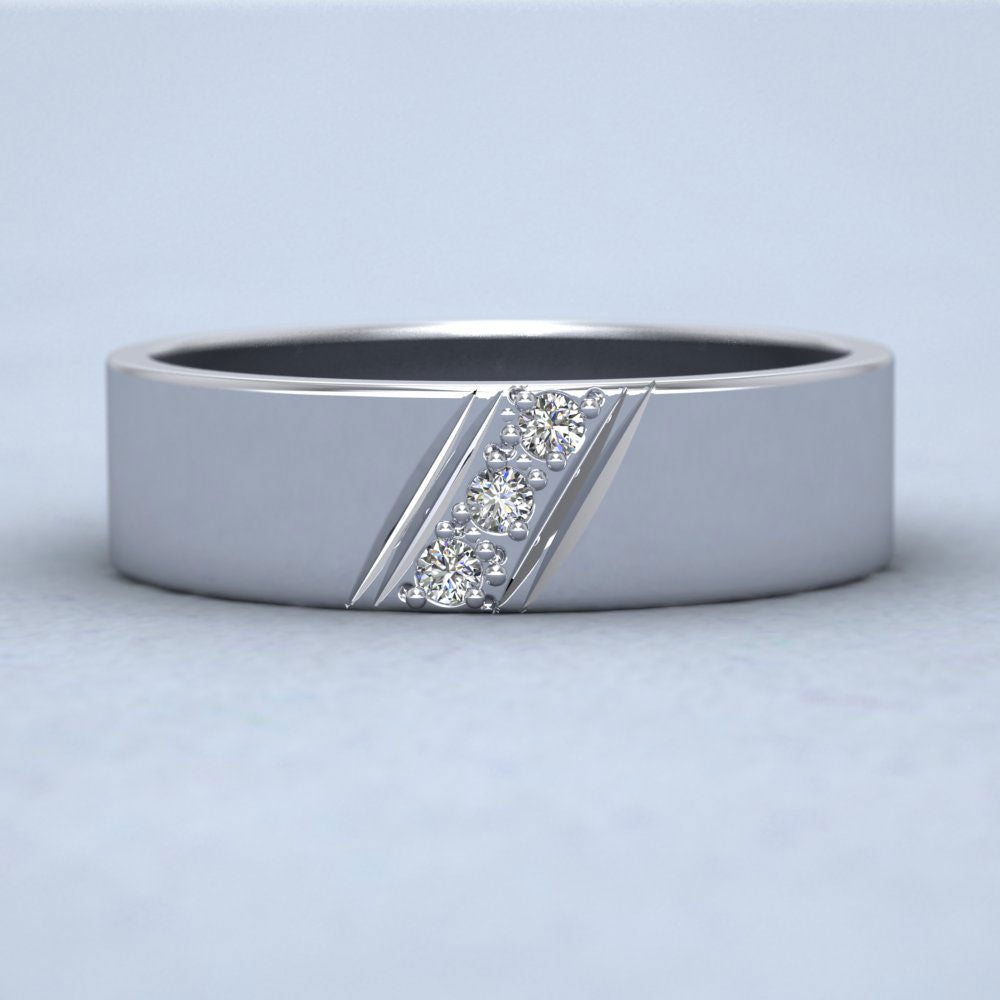 Three Diagonal Diamond Set 950 Platinum 6mm Wedding Ring Down View