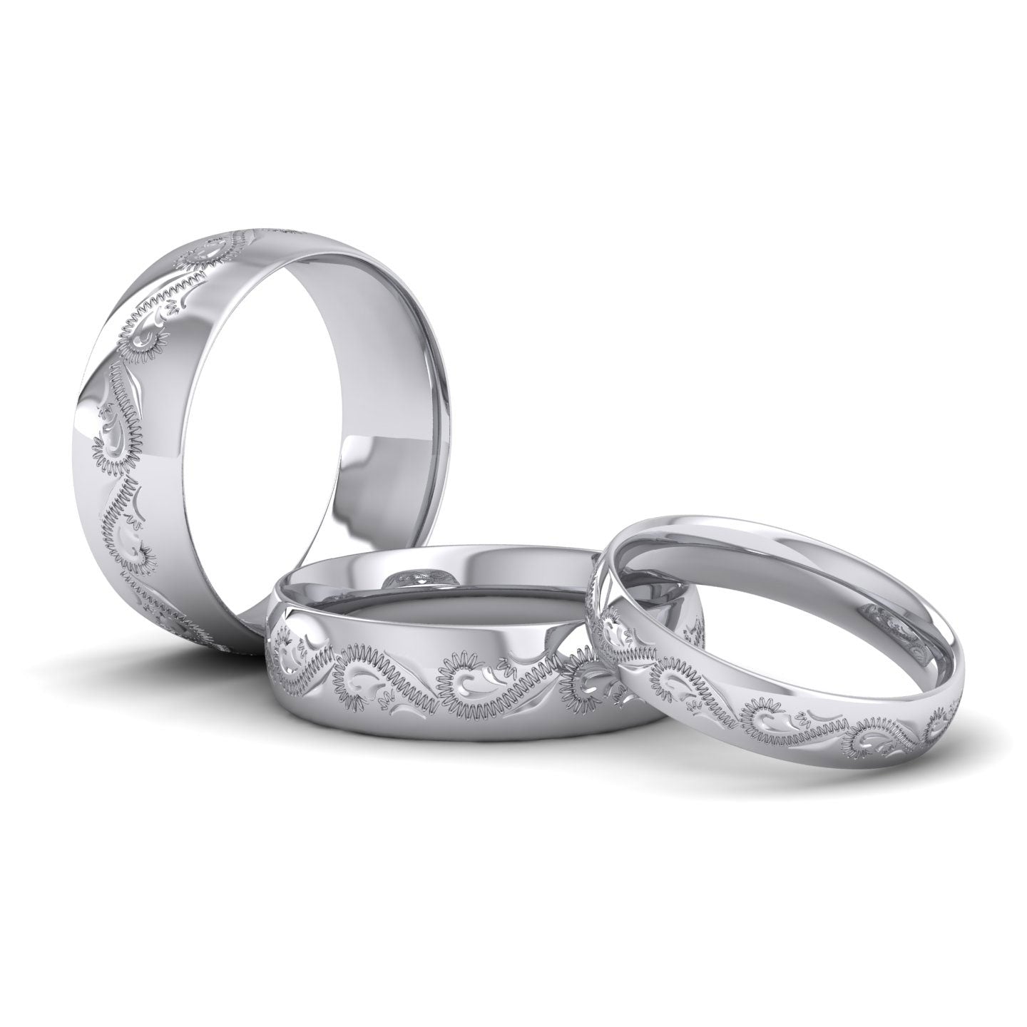 Engraved Court Shape 14ct White Gold 4mm Wedding Ring