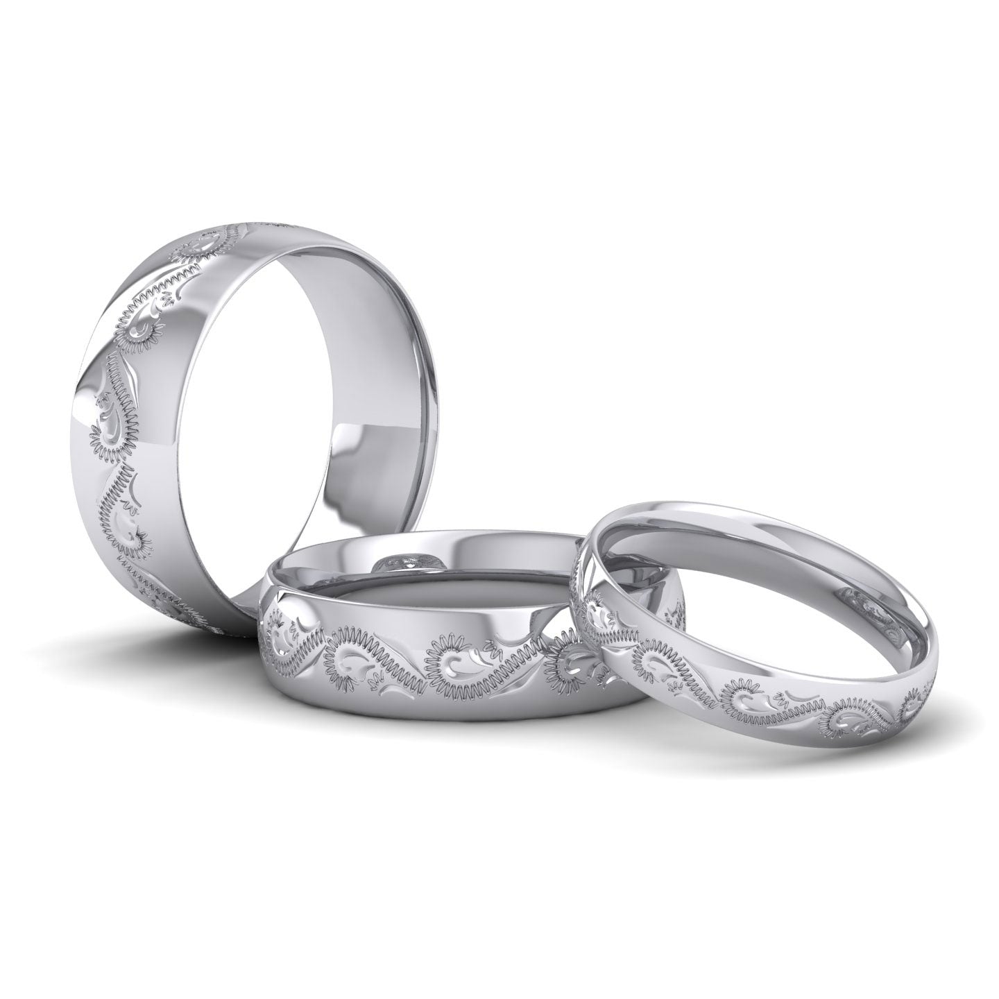 Engraved Court Shape 9ct White Gold 6mm Wedding Ring