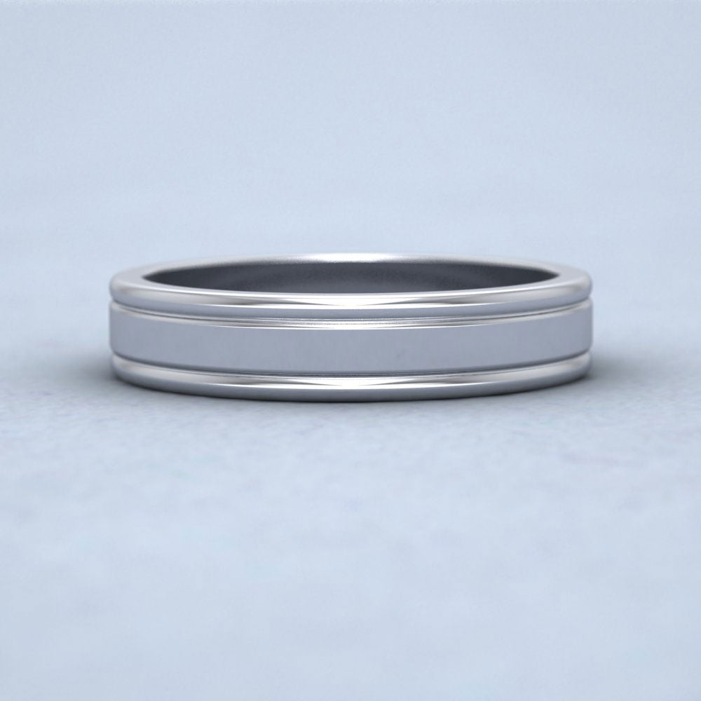Rounded Edge Grooved Pattern Flat 9ct White Gold 4mm Flat Wedding Ring