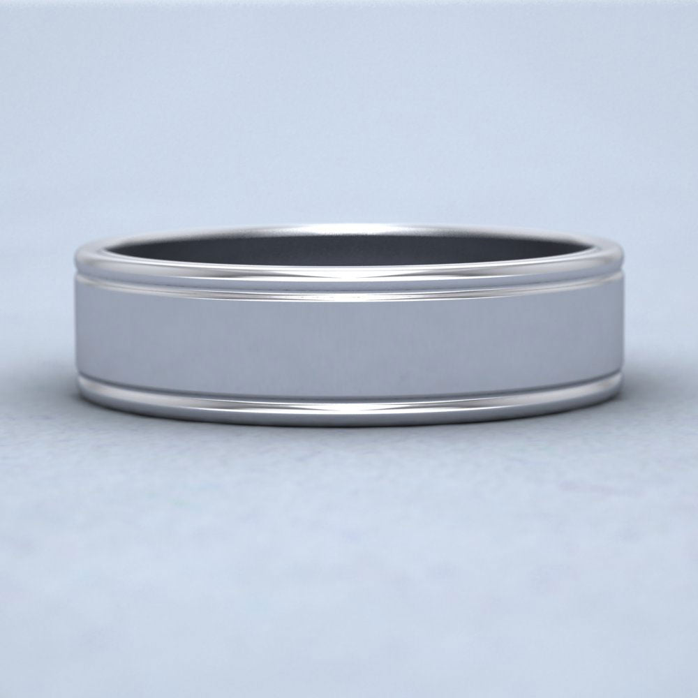 Rounded Edge Grooved Pattern Flat 9ct White Gold 6mm Flat Wedding Ring