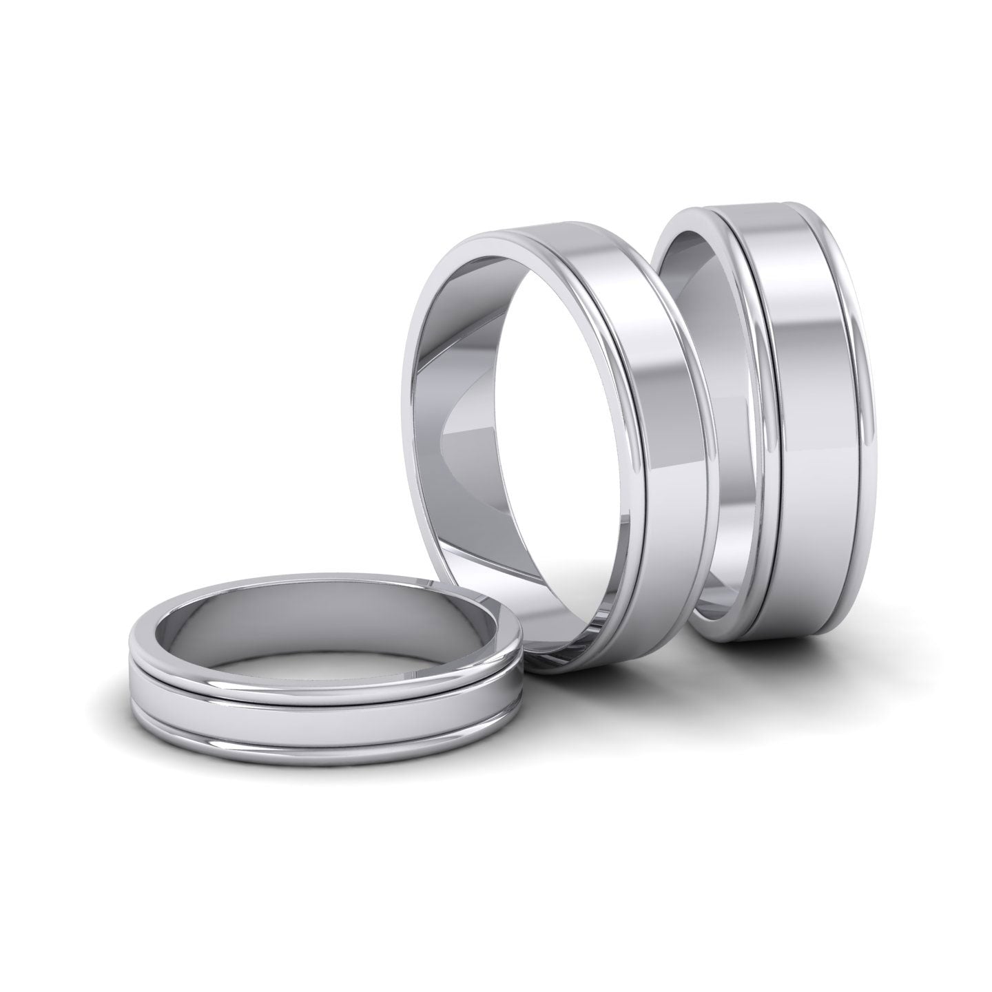 Rounded Edge Grooved Pattern Flat 18ct White Gold 4mm Flat Wedding Ring