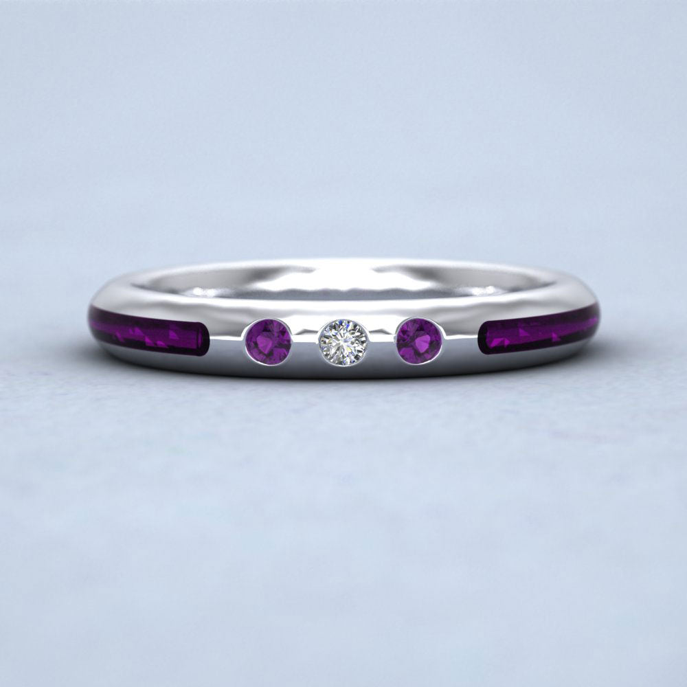 Amethyst And Diamond Set Enamelled 9ct White Gold 3mm Wedding Ring