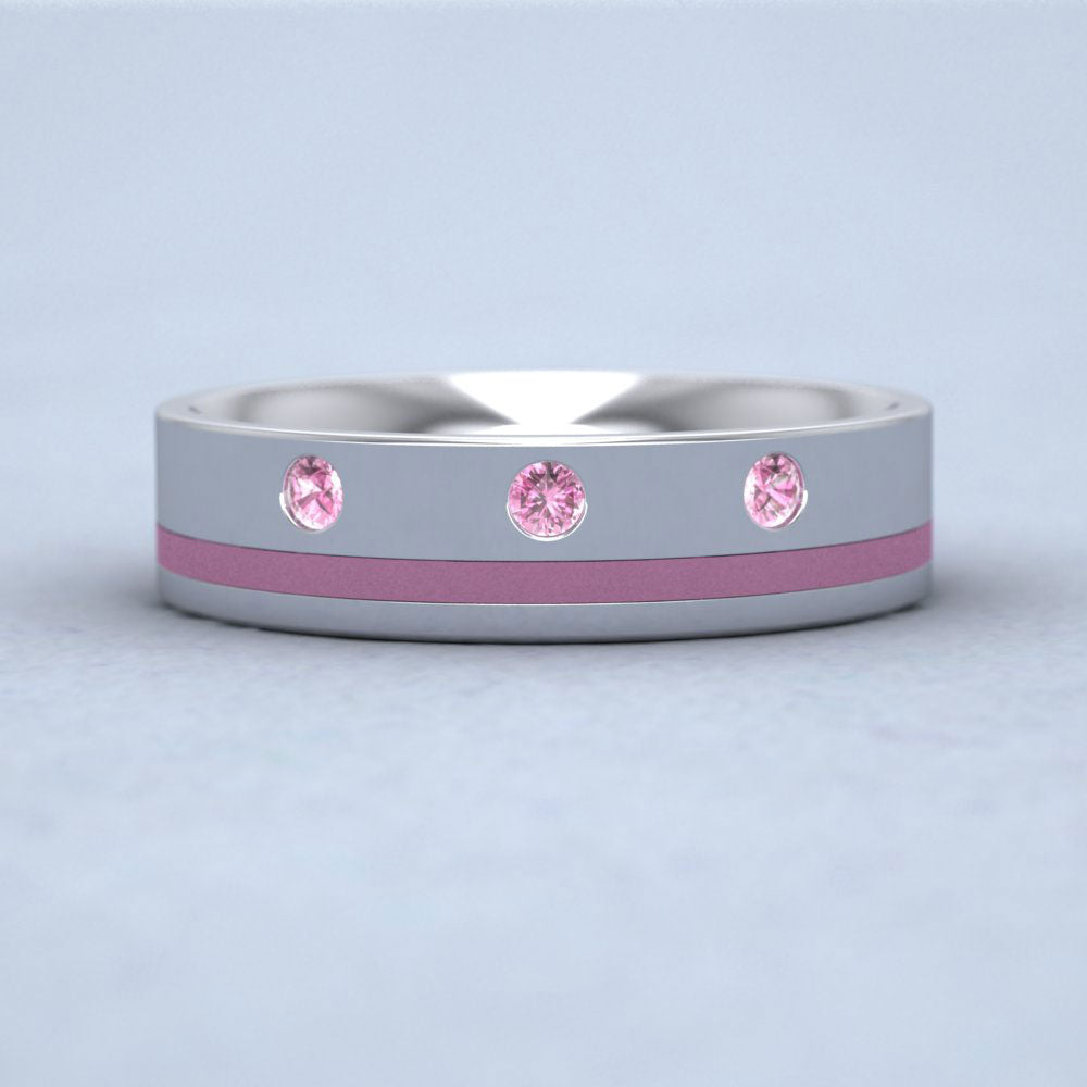 9ct White Gold 5mm Flat Court Shape Enamel And Three Stone Pink Sapphire Wedding Ring