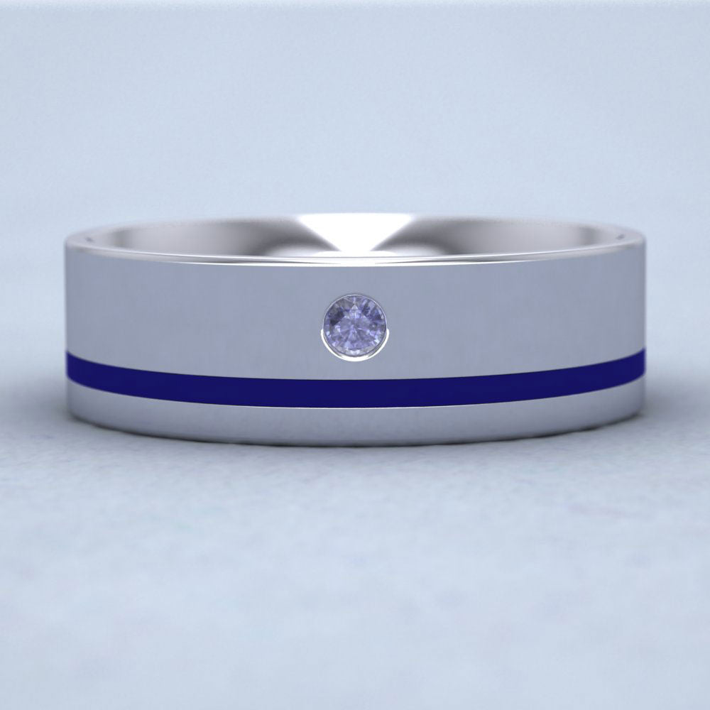 9ct White Gold 7mm Flat Court Shape Enamel And Single Stone Blue Sapphire Wedding Ring