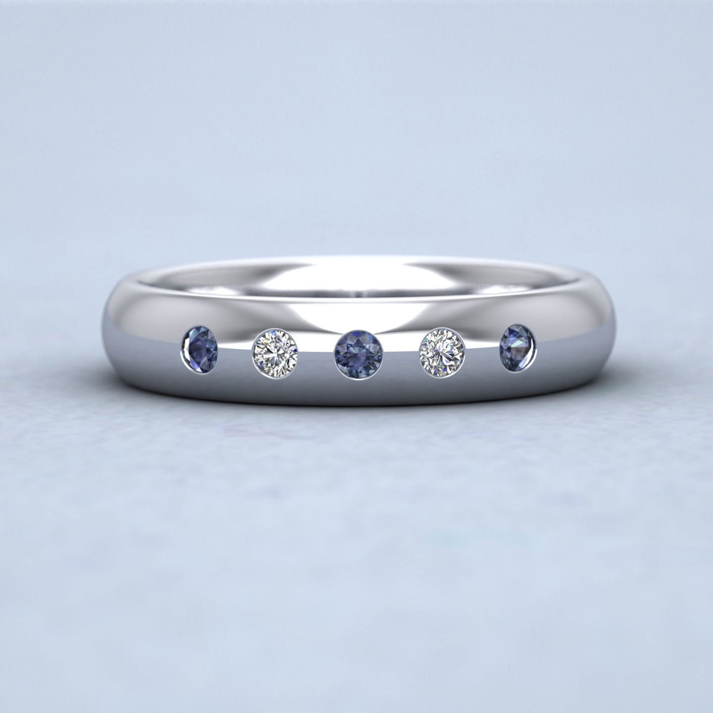 Blue Sapphire And Diamond Flush Set 9ct White Gold 4mm Wedding Ring