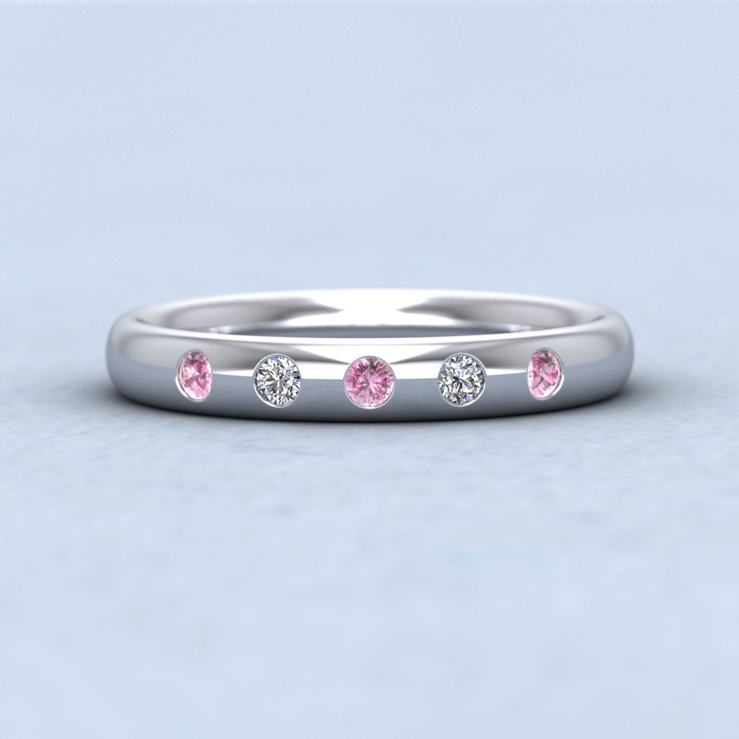 Pink Sapphire And Diamond Flush Set Sterling Silver 3mm Wedding Ring