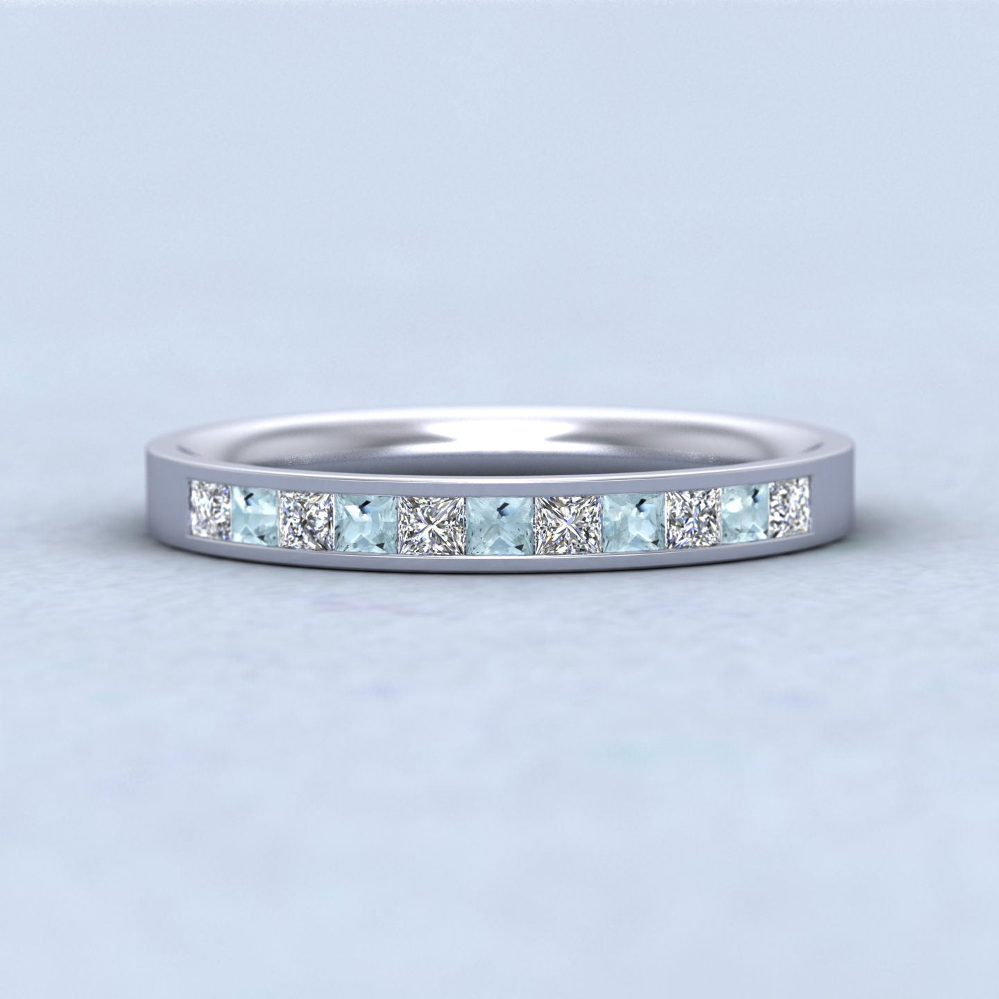 Channel Set Diamond And Aquamarine 9ct White Gold 2.5mm Wedding Ring