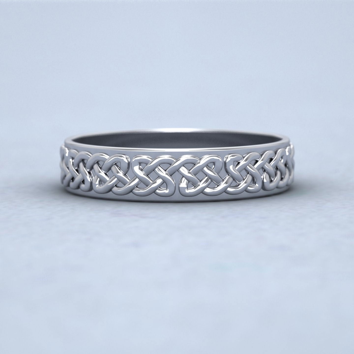 Celtic Patterned Flat 9ct White Gold 4mm Wedding Ring