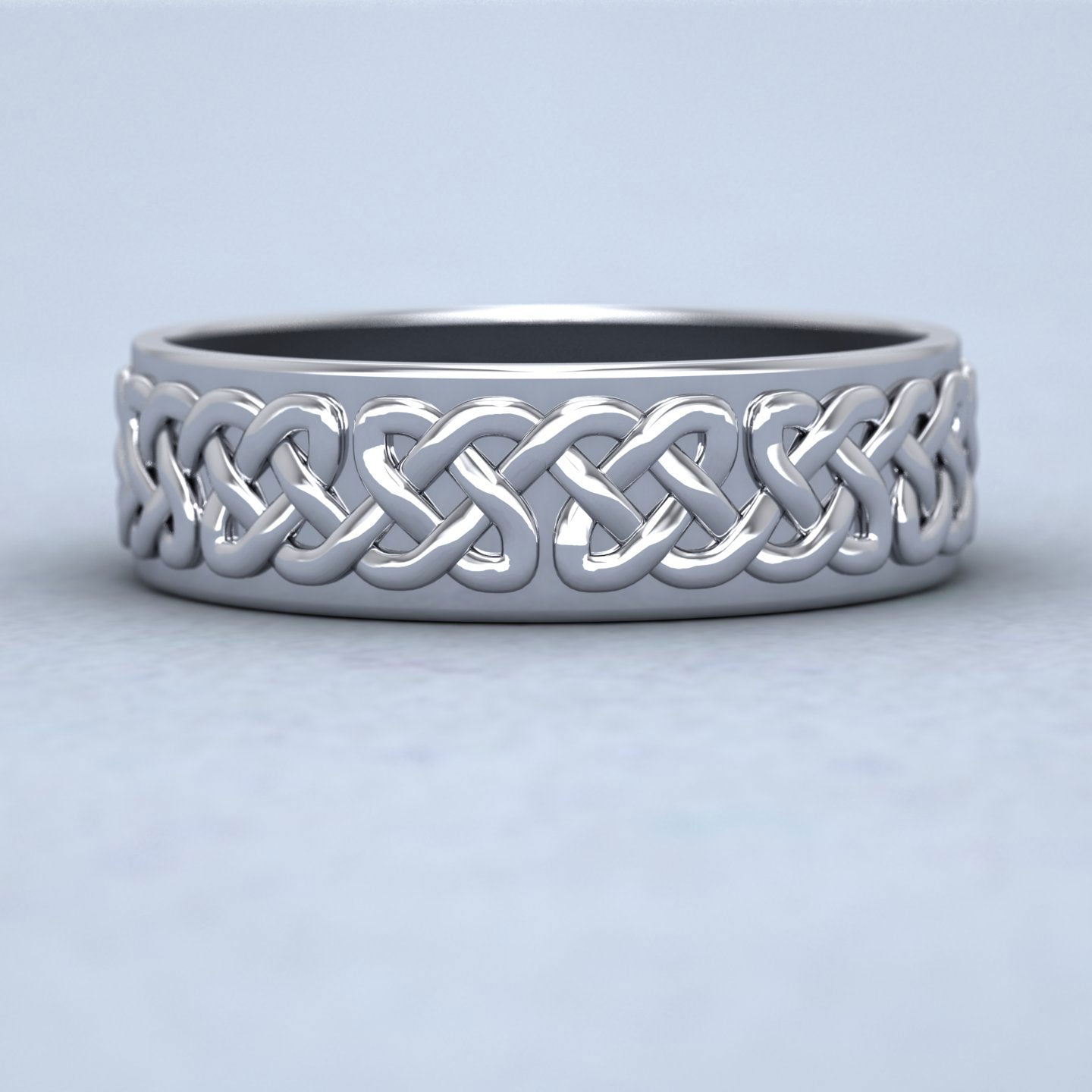 Celtic Patterned Flat 18ct White Gold 6mm Wedding Ring